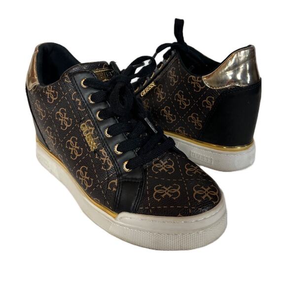 Guess GW Flowurs Wedge Sneakers in Brown and Metallic Gold Multi 8.5M - Picture 1 of 13